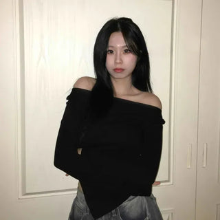 Sexy Slash Neck Shoulder Line Slim Knit Long Sleeve T-shirt