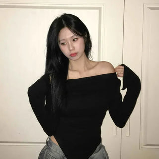 Sexy Slash Neck Shoulder Line Slim Knit Long Sleeve T-shirt