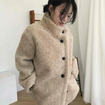 Stand Collar Button Boxy Fleece Jacket