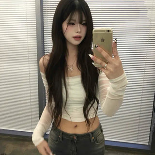 Soft Drape Off-Shoulder Crop Long Sleeve T-Shirt