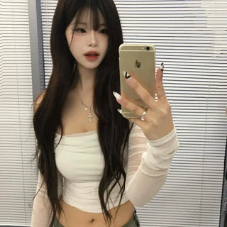 Soft Drape Off-Shoulder Crop Long Sleeve T-Shirt