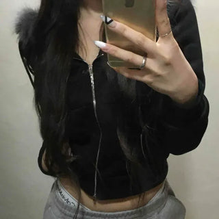 Vintage Slim Fur Crop Zip-Up Hoodie