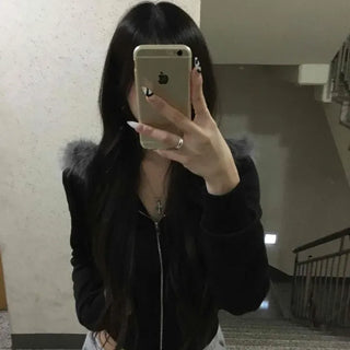 Vintage Slim Fur Crop Zip-Up Hoodie
