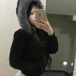 Vintage Slim Fur Crop Zip-Up Hoodie