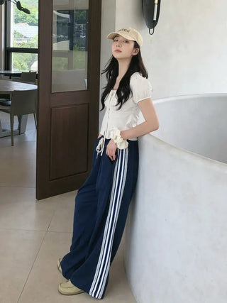 Label Ribbon Shirred Short Sleeve Blouse