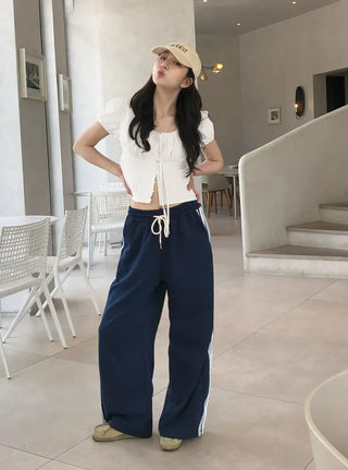 Label Ribbon Shirred Short Sleeve Blouse
