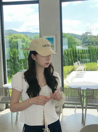 Label Ribbon Shirred Short Sleeve Blouse