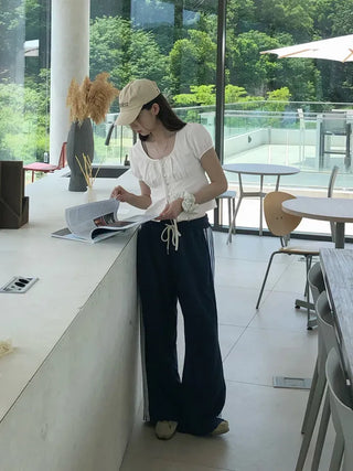 Label Ribbon Shirred Short Sleeve Blouse