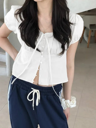 Label Ribbon Shirred Short Sleeve Blouse