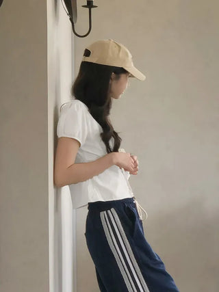 Label Ribbon Shirred Short Sleeve Blouse