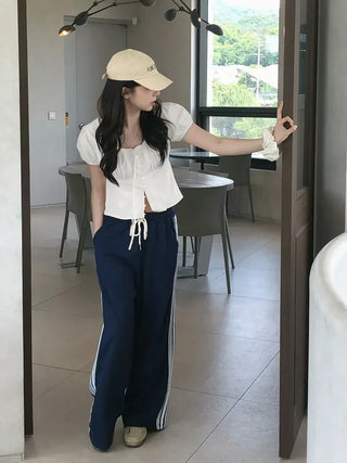 Label Ribbon Shirred Short Sleeve Blouse