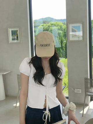 Label Ribbon Shirred Short Sleeve Blouse