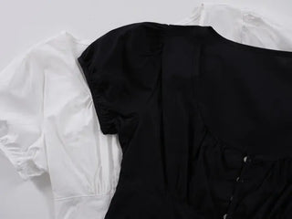 Label Ribbon Shirred Short Sleeve Blouse