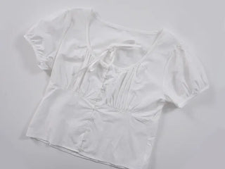 Label Ribbon Shirred Short Sleeve Blouse