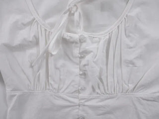 Label Ribbon Shirred Short Sleeve Blouse