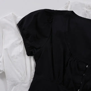 Label Ribbon Shirred Short Sleeve Blouse