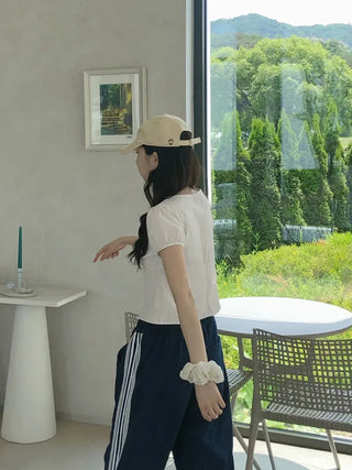 Label Ribbon Shirred Short Sleeve Blouse