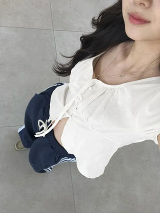 Label Ribbon Shirred Short Sleeve Blouse