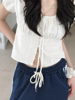 Label Ribbon Shirred Short Sleeve Blouse