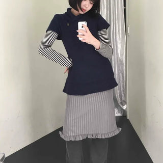Layered Style Striped Midi Skirt