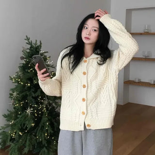 Cable Knit Wood Button Loose Fit Cardigan