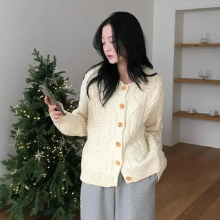 Cable Knit Wood Button Loose Fit Cardigan