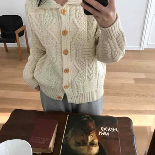 Cable Knit Wood Button Loose Fit Cardigan