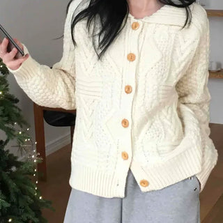 Cable Knit Wood Button Loose Fit Cardigan