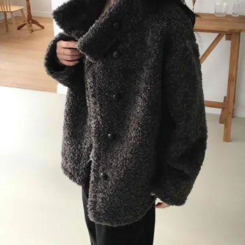 Teddy Fur Short Collar Semi-Crop Button Sheepskin Coat