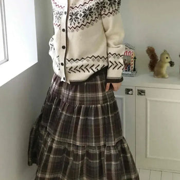 Vintage Check Elastic Tiered Long Skirt