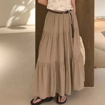 Kinell Linen Elastic Waist Long Skirt