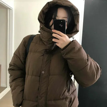 Loose Button Zip-Up Hooded Short Padded Jacket
