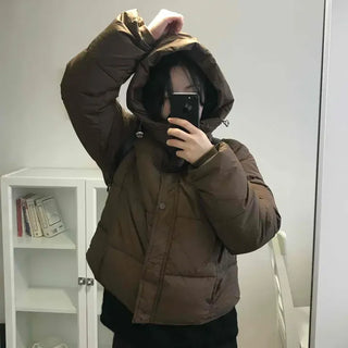 Loose Button Zip-Up Hooded Short Padded Jacket