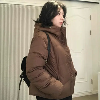 Loose Button Zip-Up Hooded Short Padded Jacket
