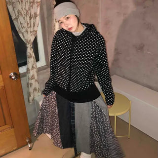 Plaid floral asymmetrical mix flare long skirt