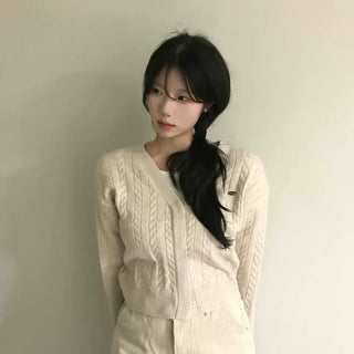 V-neck Cable Knit Crop Cardigan