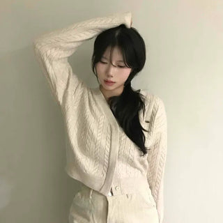 V-neck Cable Knit Crop Cardigan