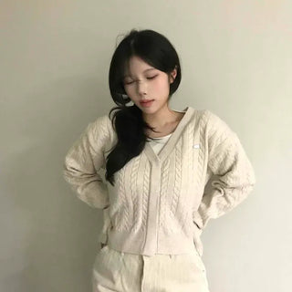 V-neck Cable Knit Crop Cardigan