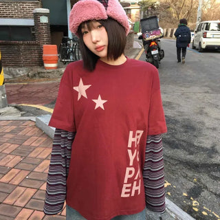 Star Color Block Stripe Sleeve T-shirt