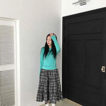 Vintage Frill Elastic Check Long Skirt