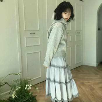 See-through Lace Tiered Long Skirt