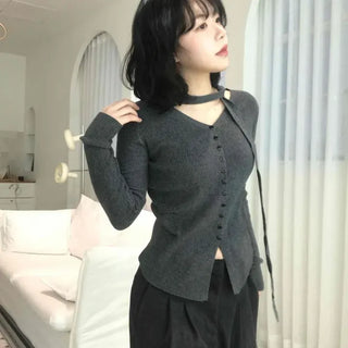 Tie V-Neck Button Slim Ribbed Knit T-Shirt