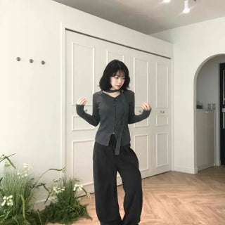 Tie V-Neck Button Slim Ribbed Knit T-Shirt