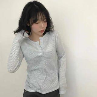 Daily Striped Button Round Neck Long Sleeve Tee