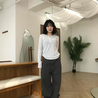 Daily Striped Button Round Neck Long Sleeve Tee