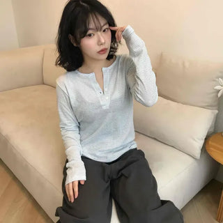 Daily Striped Button Round Neck Long Sleeve Tee