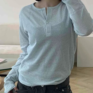 Daily Striped Button Round Neck Long Sleeve Tee