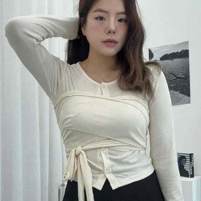 Strap Layered Slim Crop Round Long Sleeve T-shirt