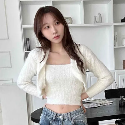 Soft Cable Cropped Fur Cardigan Sleeveless Knit Set
