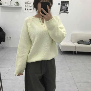 Fluffy Touch Snap Button Round Neck Oversized Knit